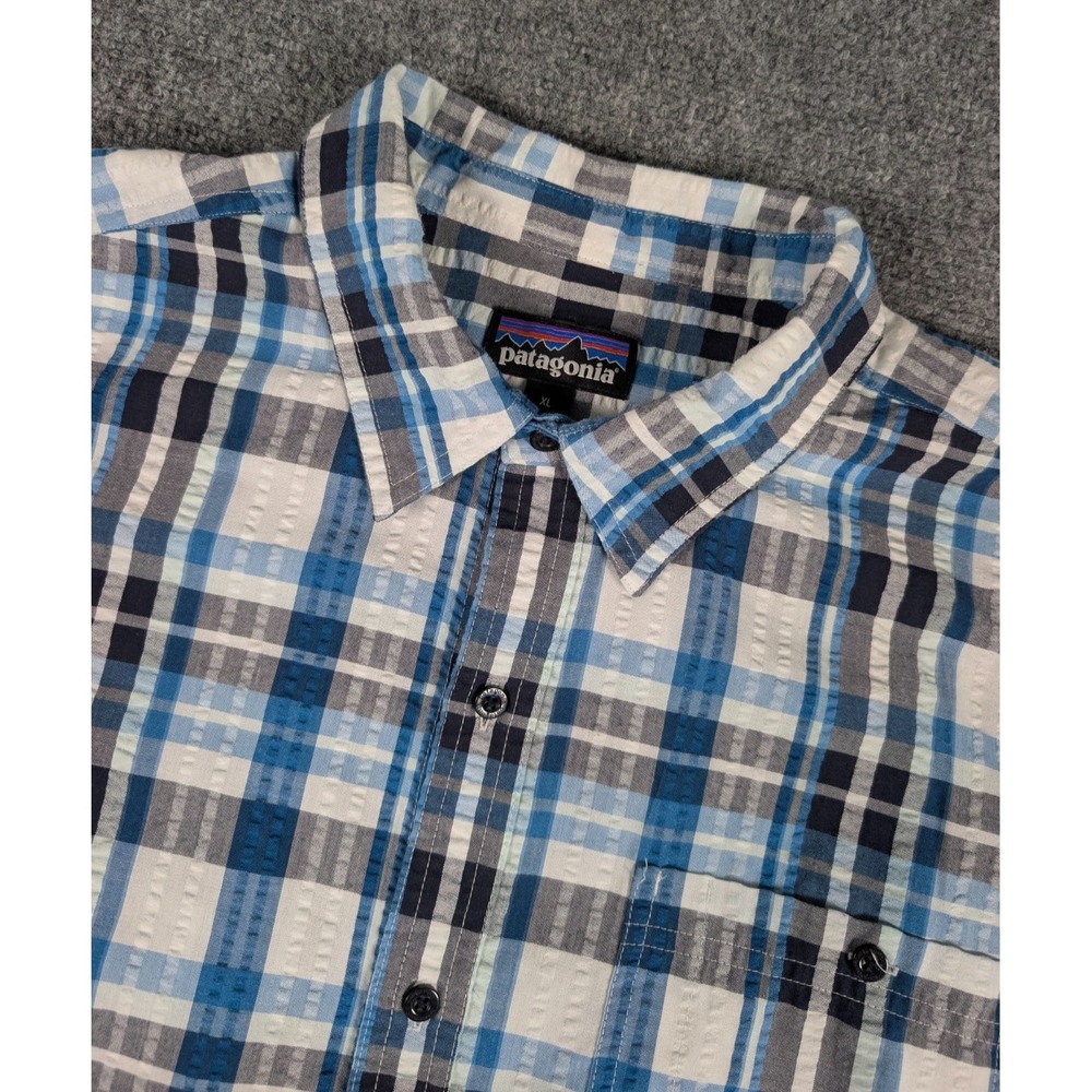 Patagonia Puckerware Shirt Mens XL Blue Plaid Outdoors Short Sleeve Button Up
